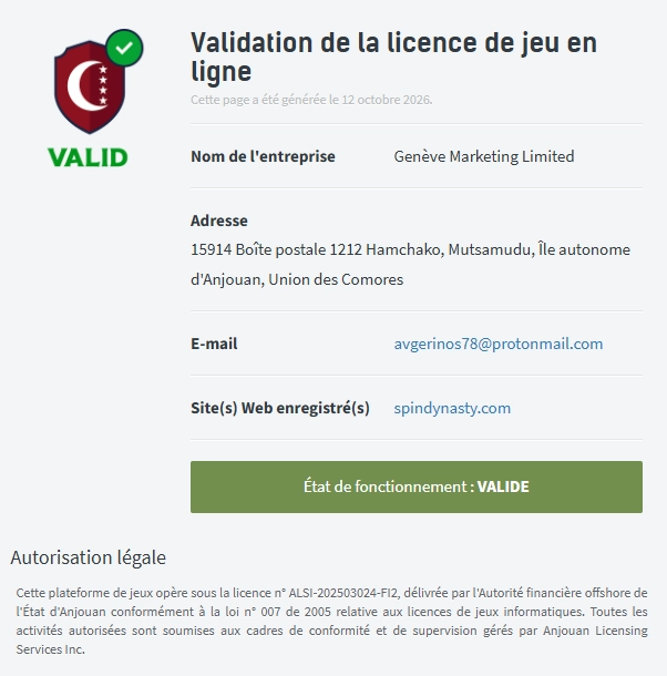 Vérification de la licence de Spin Dynasty avec numéro ALSI-202503024-FI2 et statut de validité affiché